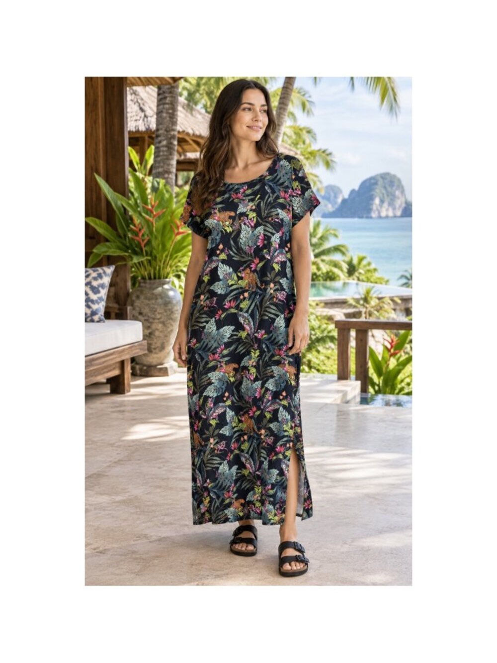 Soma XL Black Tropical Jungle Print Long Nightshirt Dress Nightgown Lagenlook*Re